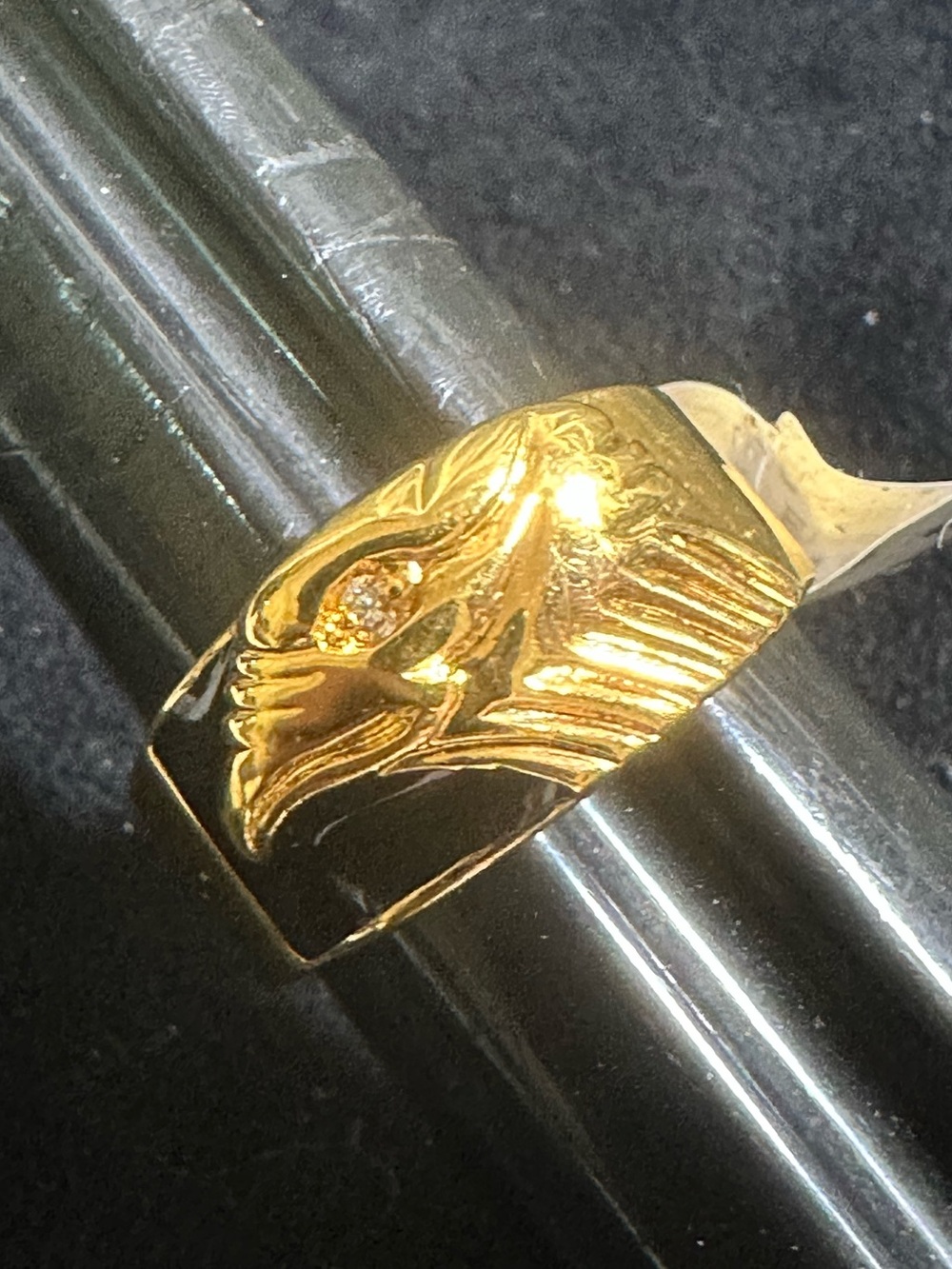 NWT: Vtg 14 KT Gold Electroplate Black Enamel Eagle Head w/Rhinestone Ring